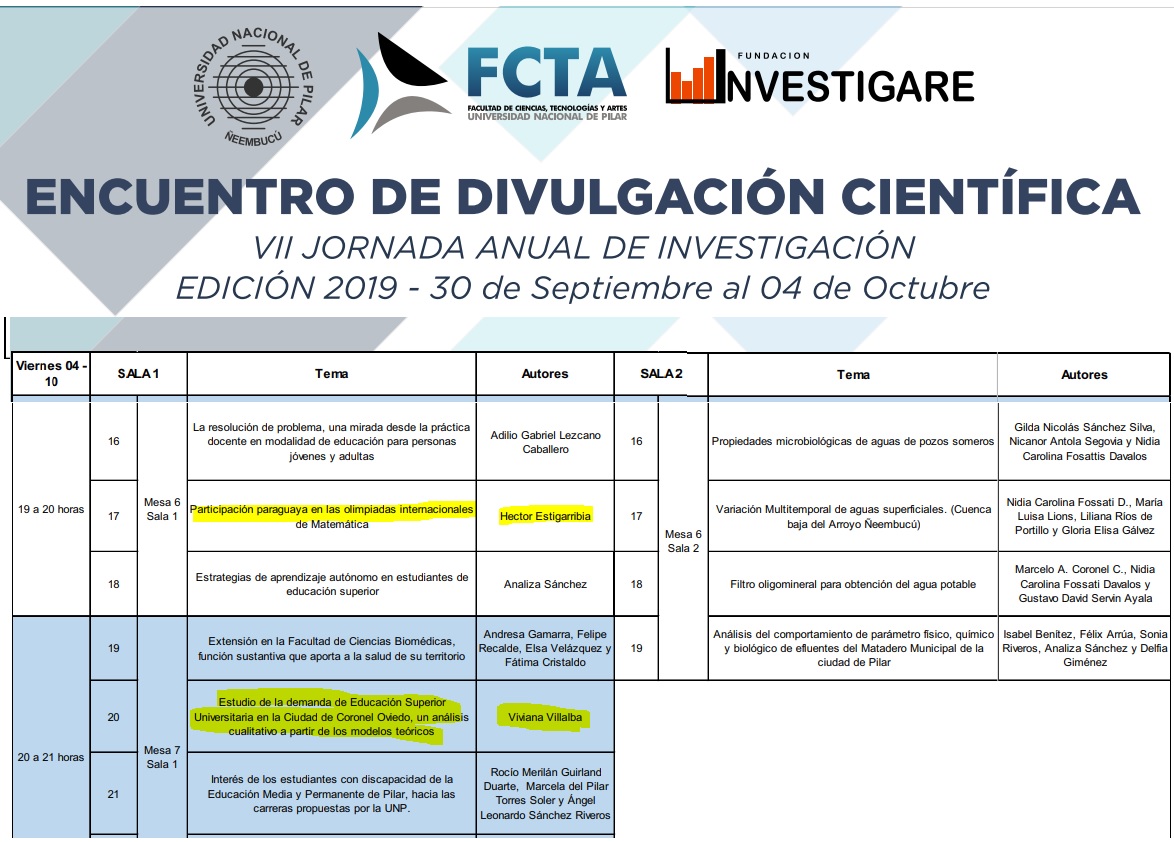 Programa Encuentro de divulgación FCTA UNP del 4-oct-19